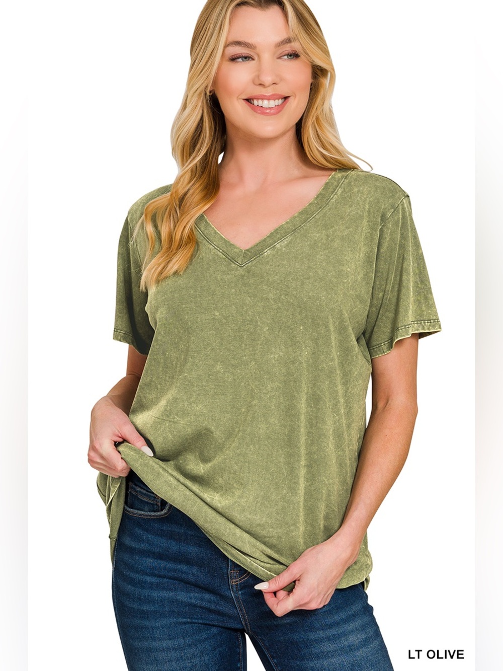 Zenana WASHED SHORT SLEEVE V-NECK TOP